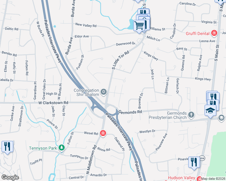 map of restaurants, bars, coffee shops, grocery stores, and more near 404 County Road 33 in New City