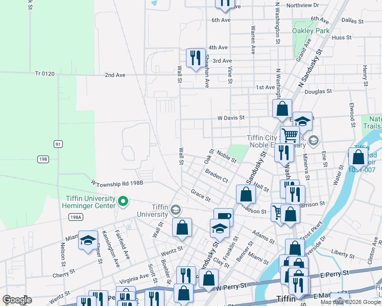 map of restaurants, bars, coffee shops, grocery stores, and more near 232 Hall Street in Tiffin