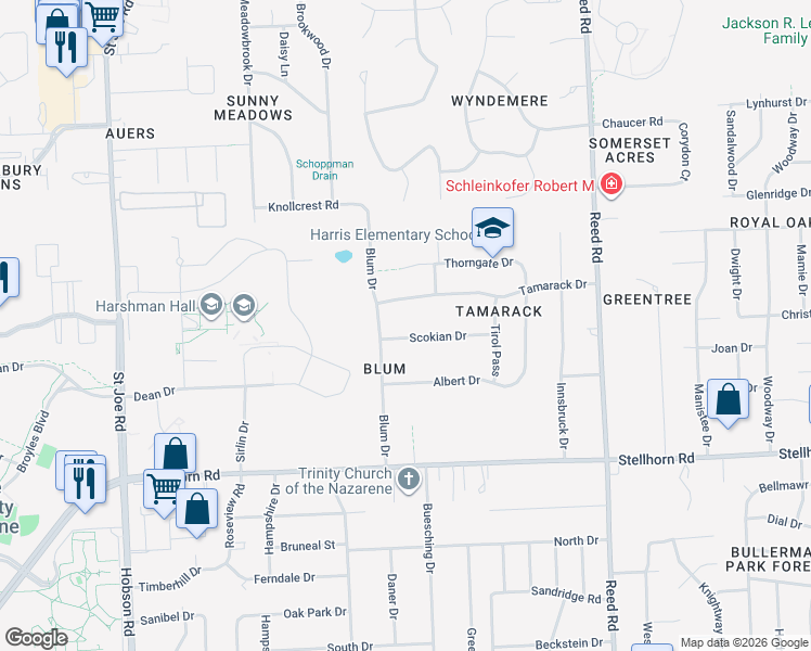 map of restaurants, bars, coffee shops, grocery stores, and more near 4844 Blum Drive in Fort Wayne