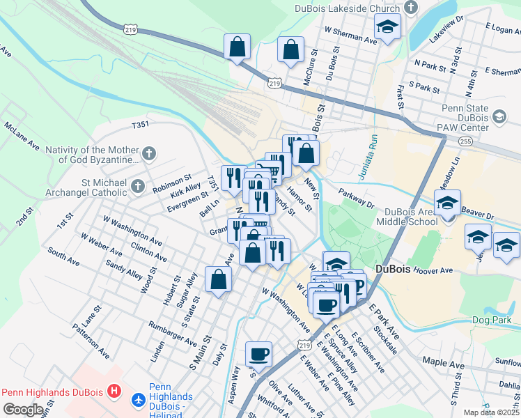 map of restaurants, bars, coffee shops, grocery stores, and more near 323 Sandy Street in DuBois