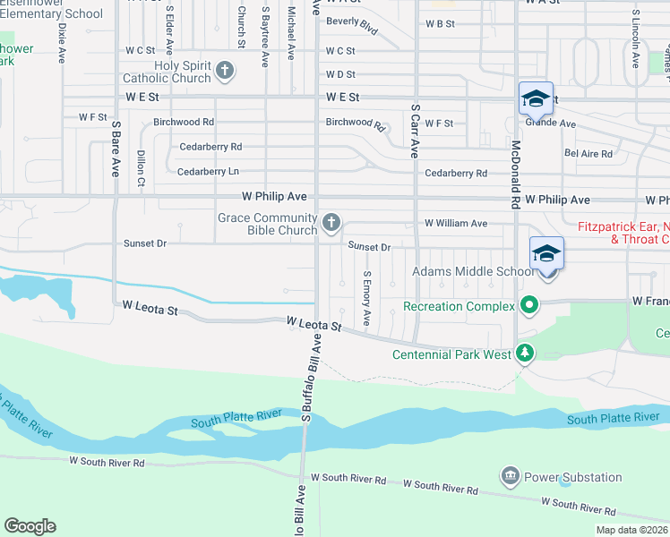map of restaurants, bars, coffee shops, grocery stores, and more near 1111 South Buffalo Bill Avenue in North Platte