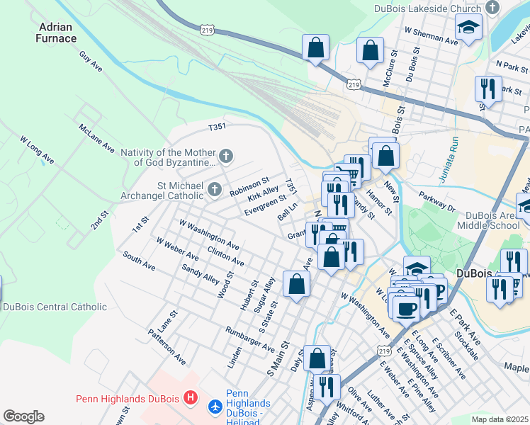 map of restaurants, bars, coffee shops, grocery stores, and more near 114 Evergreen St in DuBois