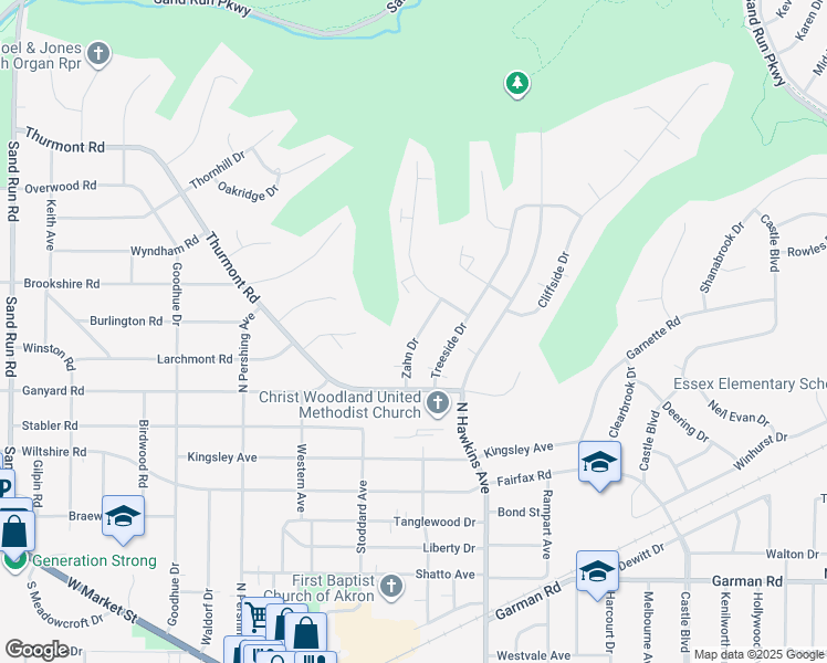 map of restaurants, bars, coffee shops, grocery stores, and more near 490 Zahn Drive in Akron