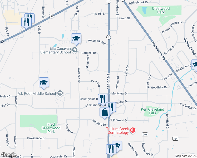 map of restaurants, bars, coffee shops, grocery stores, and more near 145 Essex Lane in Medina