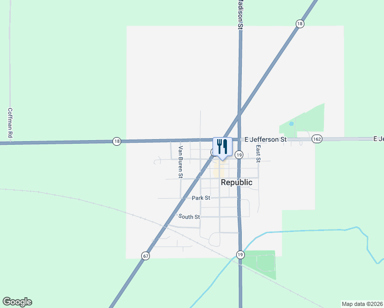 map of restaurants, bars, coffee shops, grocery stores, and more near 108 Broadway Street in Republic