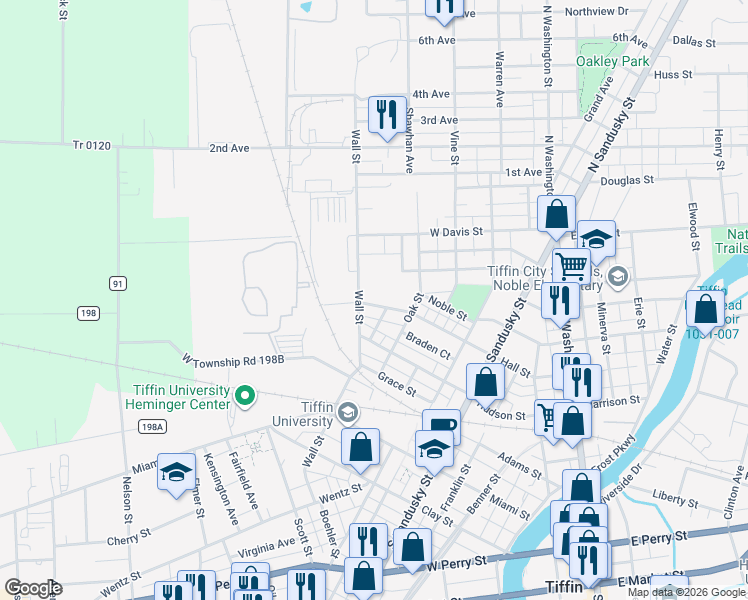map of restaurants, bars, coffee shops, grocery stores, and more near 232 Hall Street in Tiffin