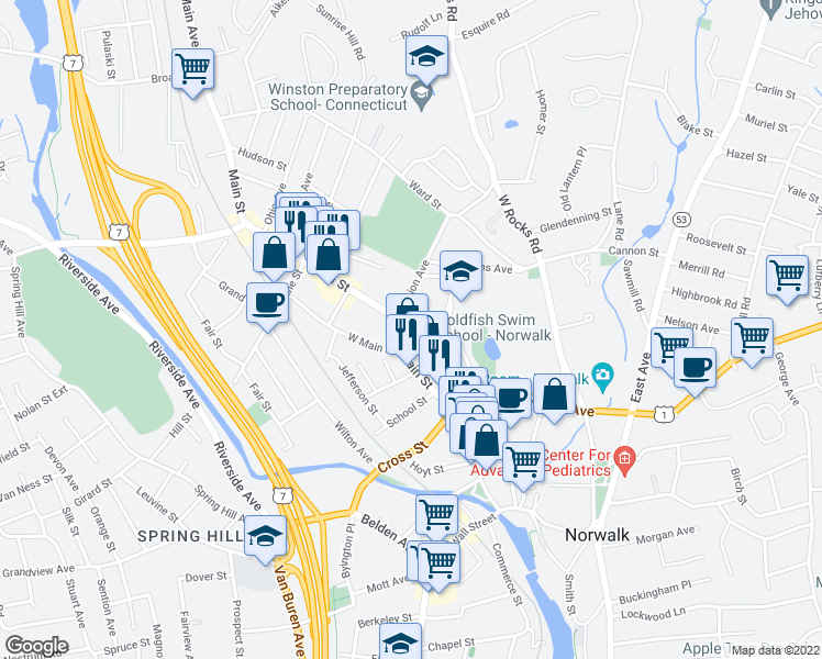 map of restaurants, bars, coffee shops, grocery stores, and more near in Norwalk
