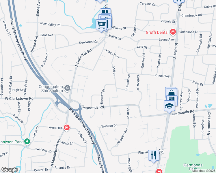 map of restaurants, bars, coffee shops, grocery stores, and more near 6 Broward Drive in New City