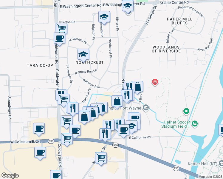 map of restaurants, bars, coffee shops, grocery stores, and more near 916-928 Wakefield Avenue in Fort Wayne