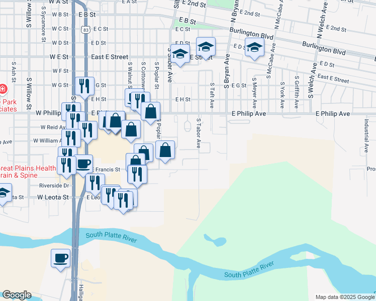 map of restaurants, bars, coffee shops, grocery stores, and more near 1100 South Tabor Avenue in North Platte