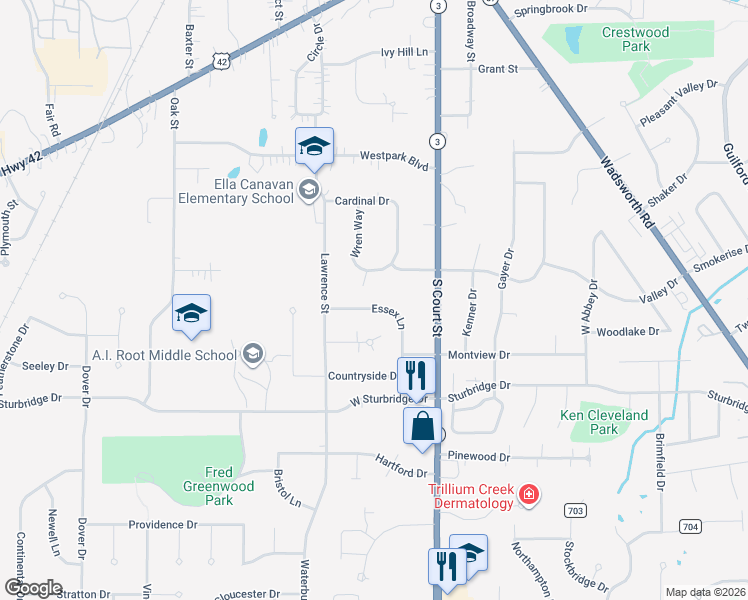 map of restaurants, bars, coffee shops, grocery stores, and more near 167 Essex Lane in Medina