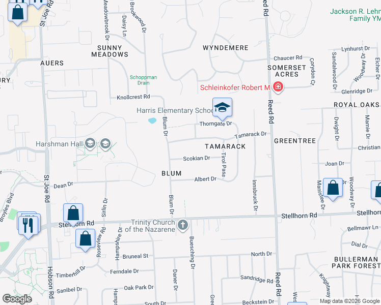 map of restaurants, bars, coffee shops, grocery stores, and more near 4253 Scokian Dr in Fort Wayne