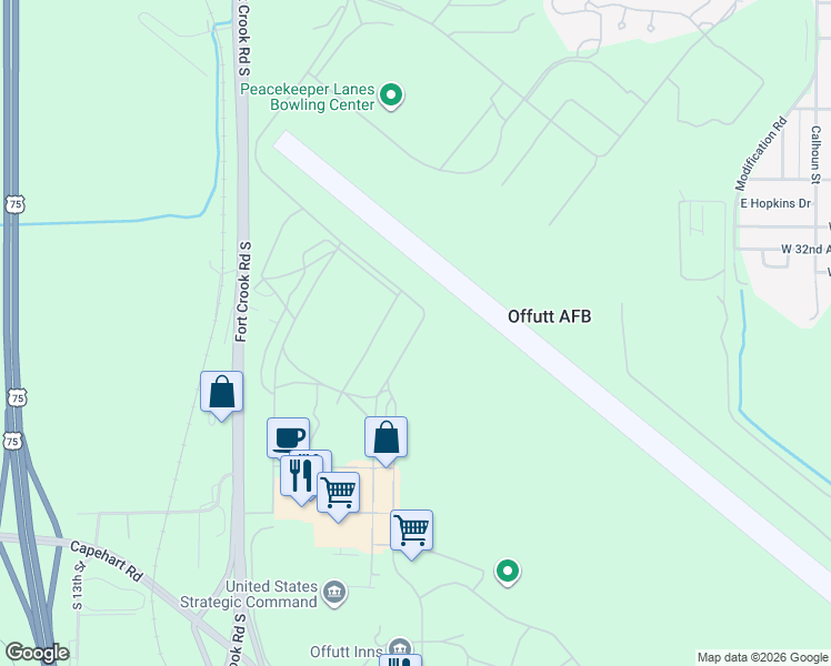 map of restaurants, bars, coffee shops, grocery stores, and more near 998 Sac Boulevard in Offutt Air Force Base