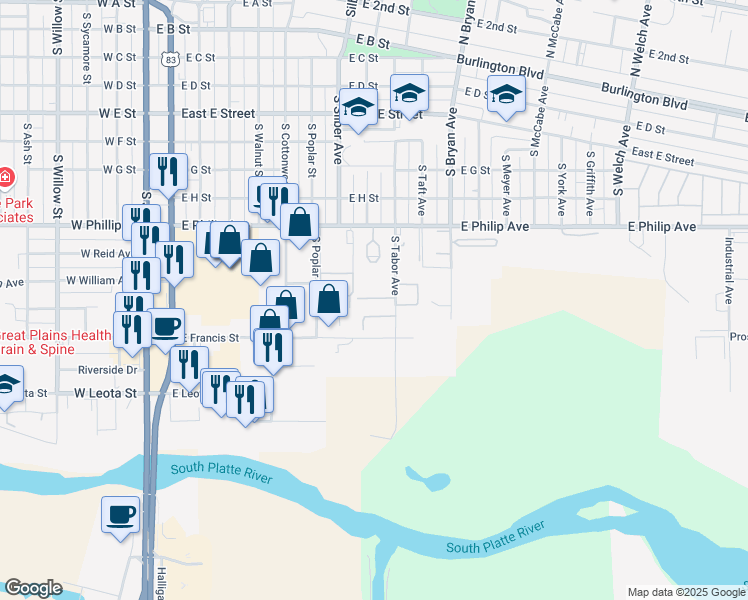 map of restaurants, bars, coffee shops, grocery stores, and more near 1100 South Tabor Avenue in North Platte