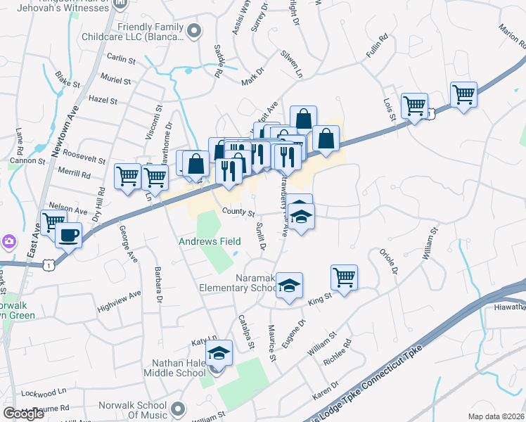 map of restaurants, bars, coffee shops, grocery stores, and more near 48 County Street in Norwalk