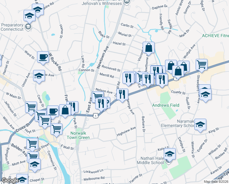 map of restaurants, bars, coffee shops, grocery stores, and more near 19 Dry Hill Road in Norwalk