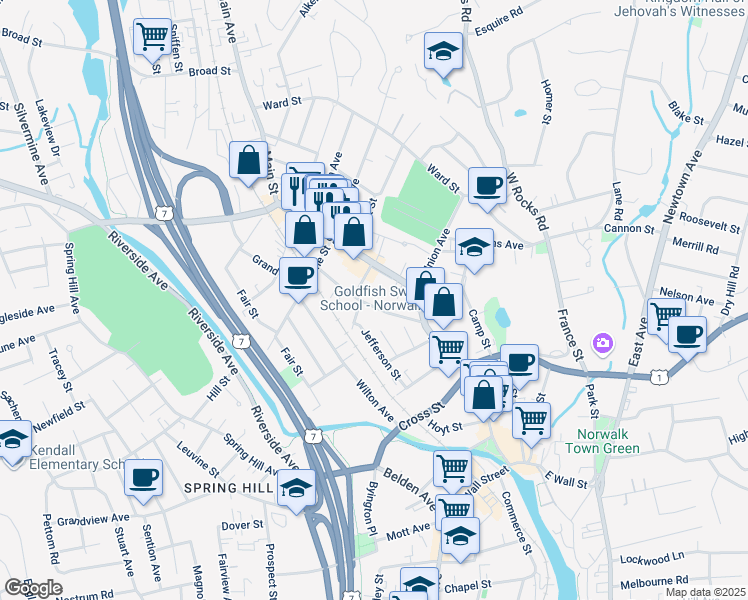 map of restaurants, bars, coffee shops, grocery stores, and more near 16 West Main Street in Norwalk