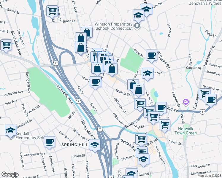 map of restaurants, bars, coffee shops, grocery stores, and more near 25 West Main Street in Norwalk