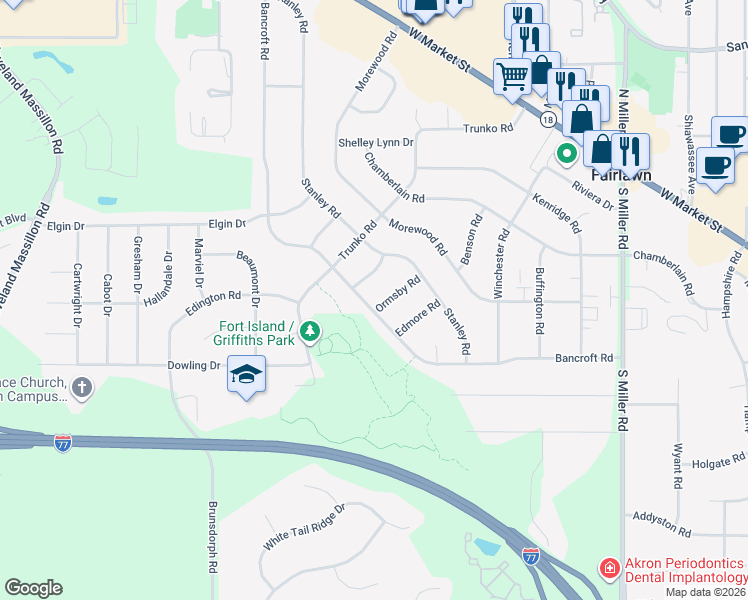 map of restaurants, bars, coffee shops, grocery stores, and more near 3097 Bancroft Road in Fairlawn