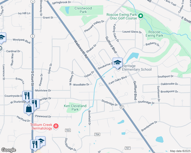 map of restaurants, bars, coffee shops, grocery stores, and more near 536 Valley Drive in Medina