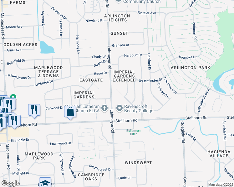 map of restaurants, bars, coffee shops, grocery stores, and more near 7414 Imperial Plaza Drive in Fort Wayne