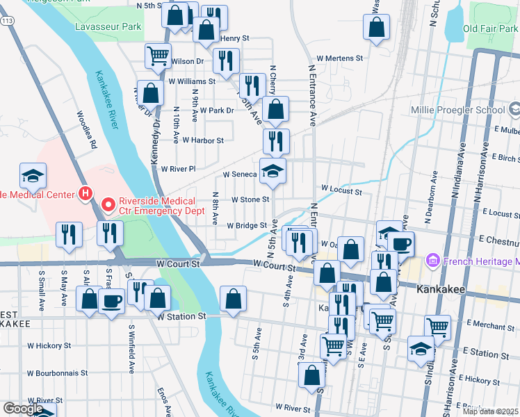 map of restaurants, bars, coffee shops, grocery stores, and more near 293 North 6th Avenue in Kankakee