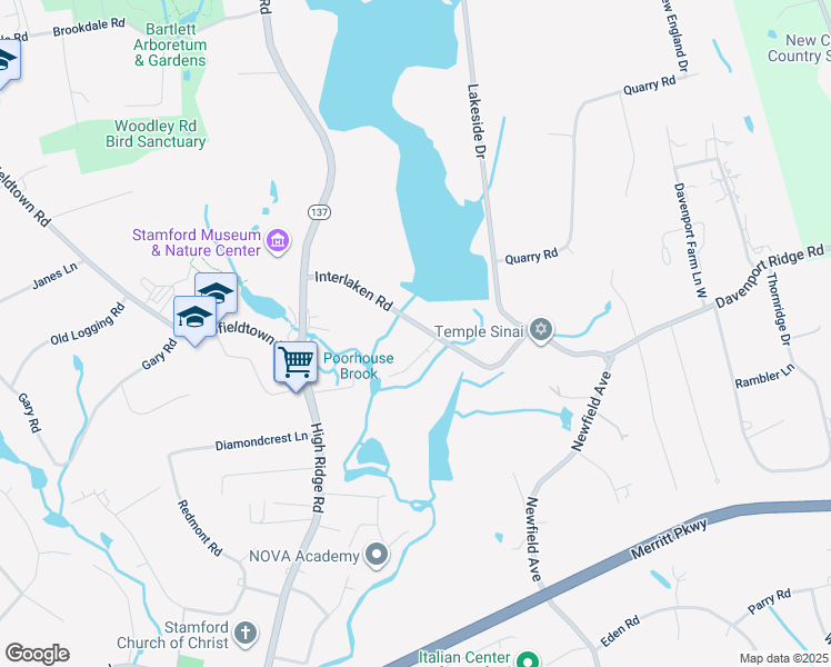 map of restaurants, bars, coffee shops, grocery stores, and more near 97 Interlaken Road in Stamford