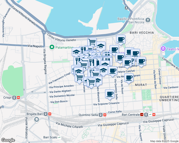 map of restaurants, bars, coffee shops, grocery stores, and more near 125 Via Trevisani in Bari