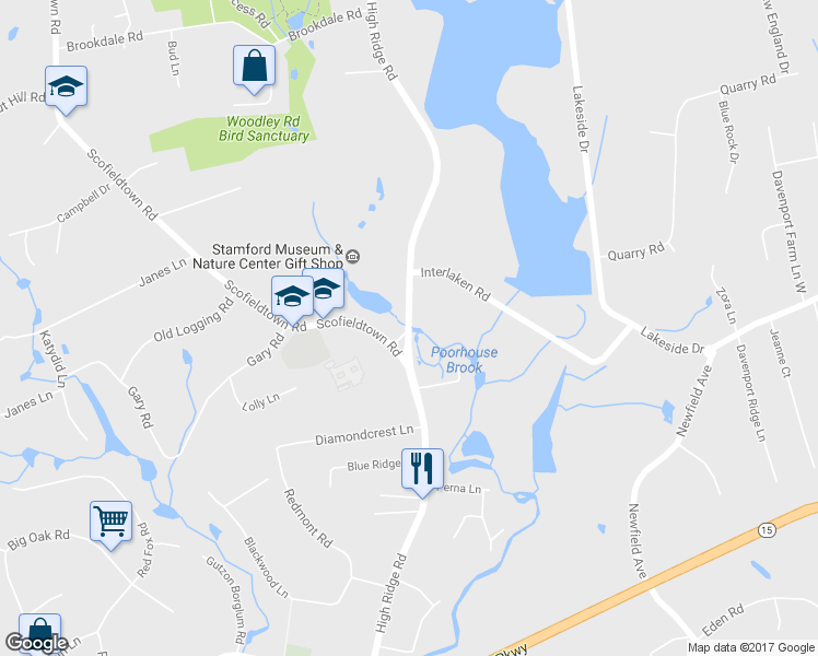 map of restaurants, bars, coffee shops, grocery stores, and more near 1547 High Ridge Road in Stamford