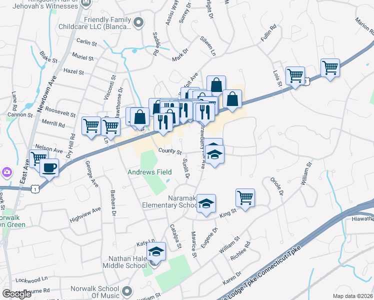 map of restaurants, bars, coffee shops, grocery stores, and more near 48 County Street in Norwalk