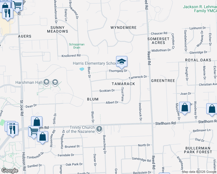 map of restaurants, bars, coffee shops, grocery stores, and more near 4253 Scokian Dr in Fort Wayne