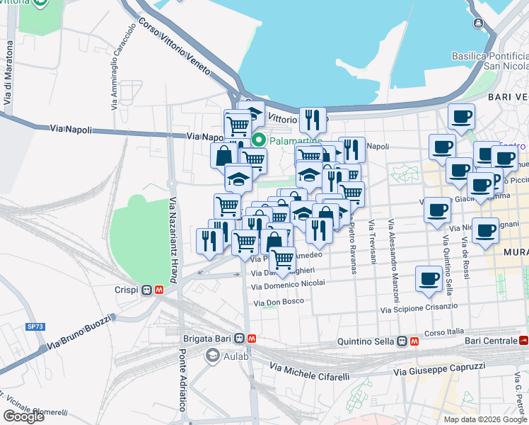 map of restaurants, bars, coffee shops, grocery stores, and more near 36 Via Vincenzo Rogadeo in Bari