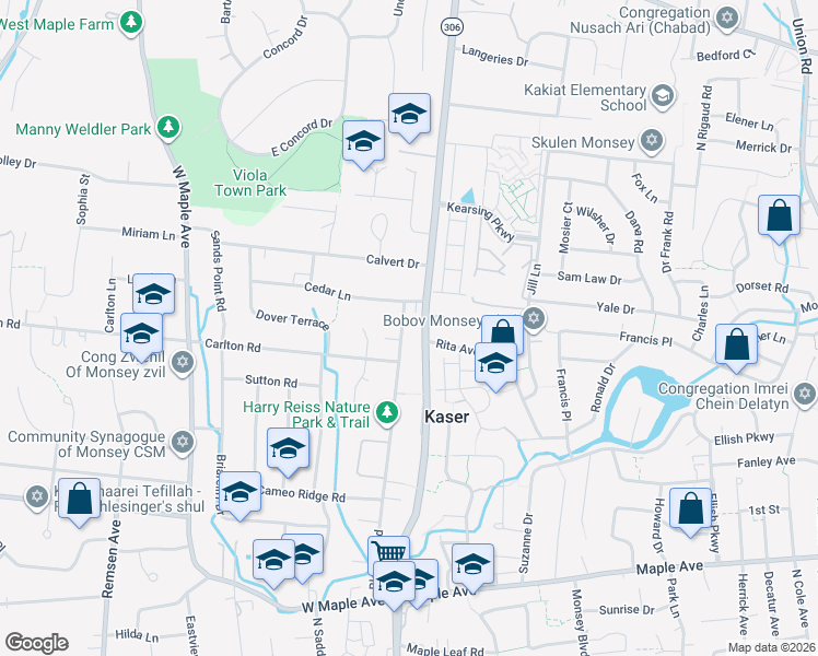 map of restaurants, bars, coffee shops, grocery stores, and more near 362 Blauvelt Road in Monsey