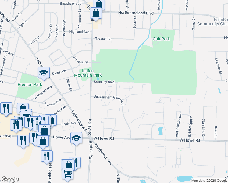 map of restaurants, bars, coffee shops, grocery stores, and more near 1405 Buckingham Gate Boulevard in Cuyahoga Falls