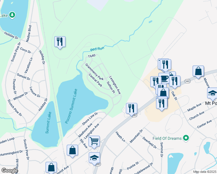 map of restaurants, bars, coffee shops, grocery stores, and more near 1305 Central Park in Mount Pocono