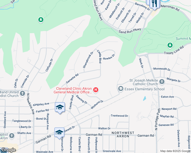 map of restaurants, bars, coffee shops, grocery stores, and more near 724 Castle Boulevard in Akron