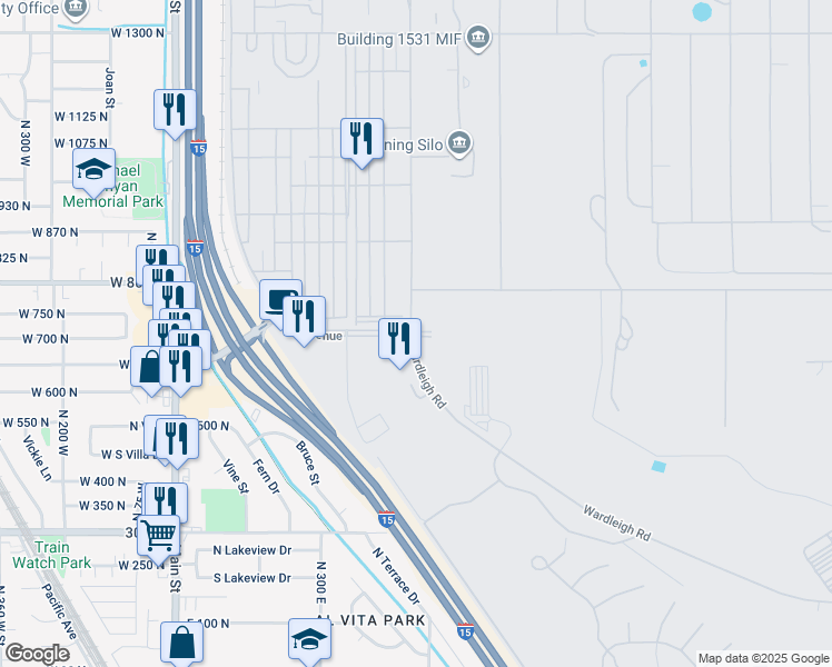 map of restaurants, bars, coffee shops, grocery stores, and more near 6006 Wardleigh Road in Hill Air Force Base