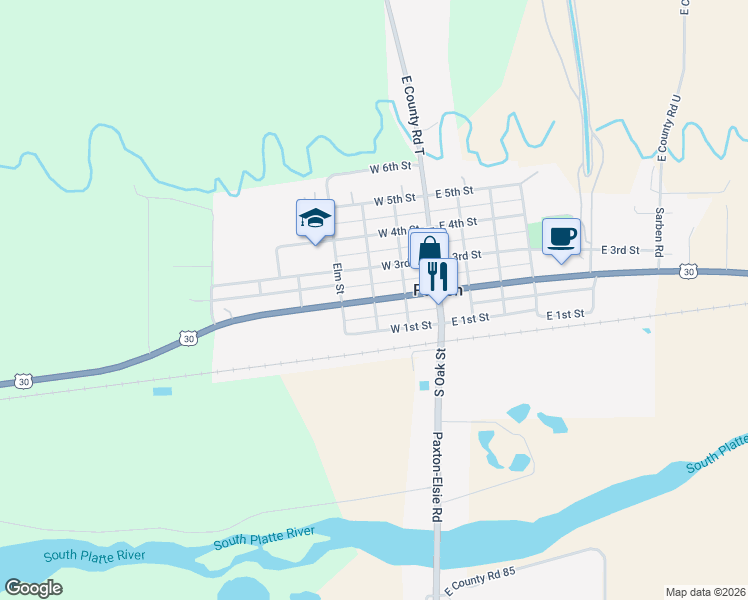map of restaurants, bars, coffee shops, grocery stores, and more near 301 West 2nd Street in Paxton