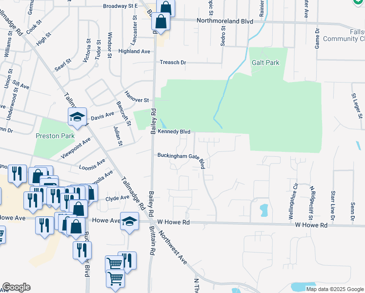 map of restaurants, bars, coffee shops, grocery stores, and more near 1423 Buckingham Gate Boulevard in Cuyahoga Falls