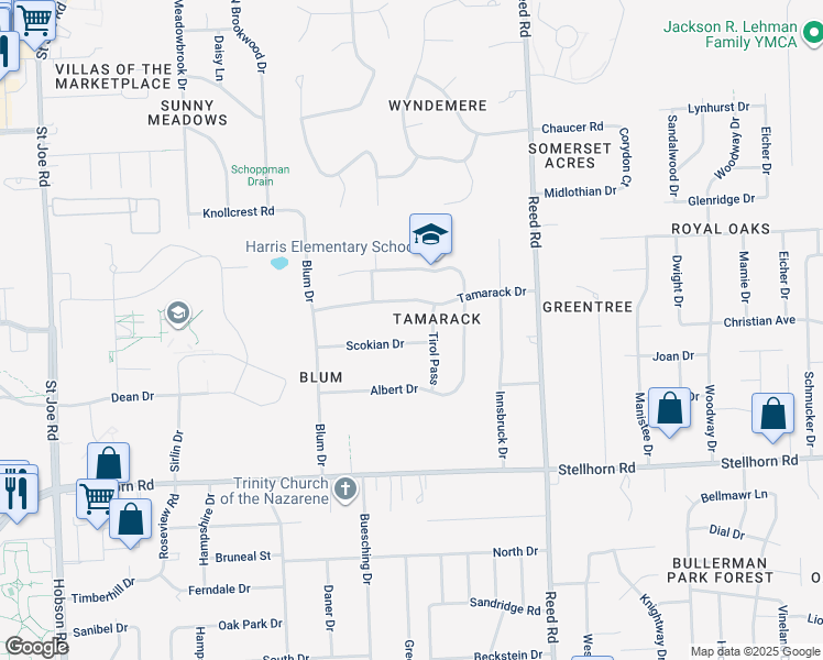 map of restaurants, bars, coffee shops, grocery stores, and more near 4361 Scokian Dr in Fort Wayne