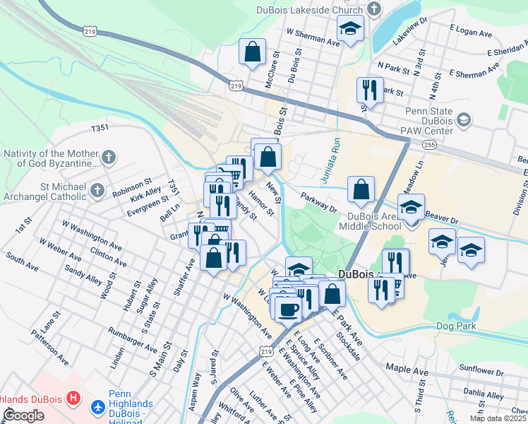 map of restaurants, bars, coffee shops, grocery stores, and more near 229 Hamor Street in DuBois