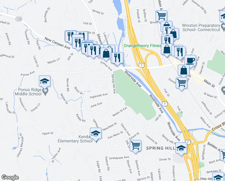map of restaurants, bars, coffee shops, grocery stores, and more near 100 Spring Hill Avenue in Norwalk