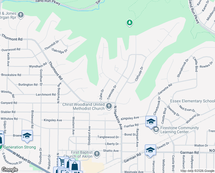 map of restaurants, bars, coffee shops, grocery stores, and more near 503 Zahn Drive in Akron