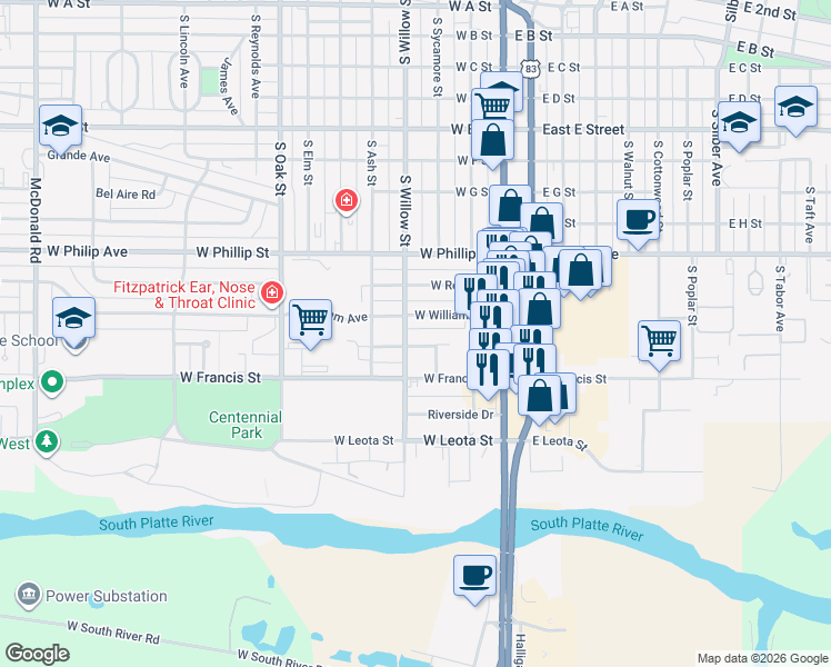 map of restaurants, bars, coffee shops, grocery stores, and more near 1115 South Willow Street in North Platte