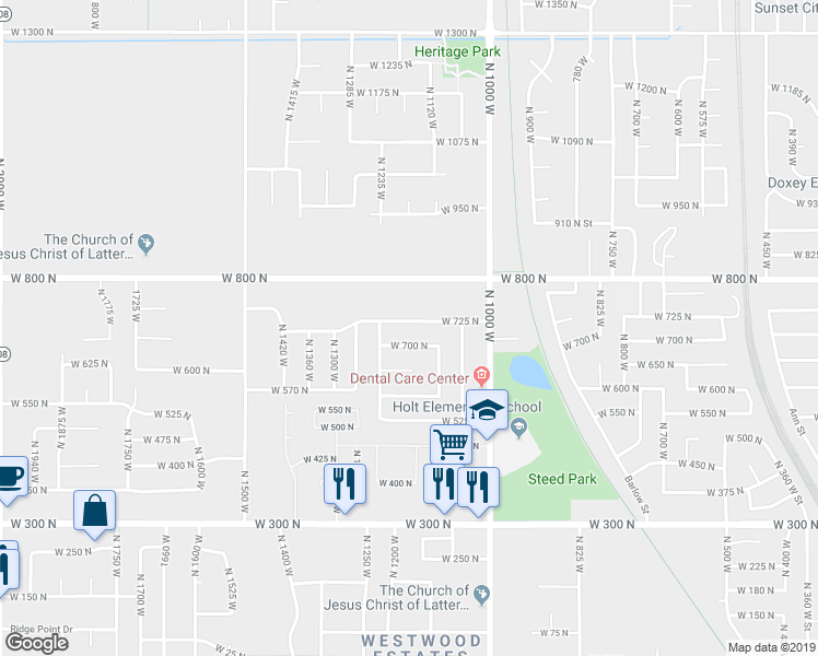 map of restaurants, bars, coffee shops, grocery stores, and more near 1185 West 725 North in Clearfield