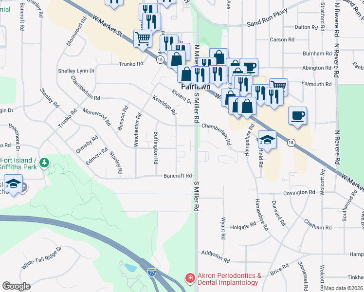 map of restaurants, bars, coffee shops, grocery stores, and more near 142 South Miller Road in Fairlawn