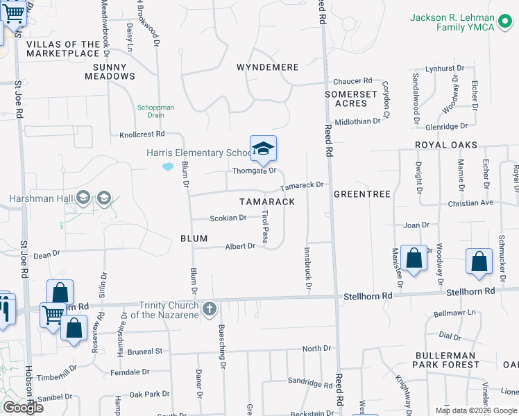 map of restaurants, bars, coffee shops, grocery stores, and more near 4361 Scokian Drive in Fort Wayne
