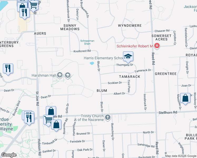 map of restaurants, bars, coffee shops, grocery stores, and more near 4841 Blum Drive in Fort Wayne
