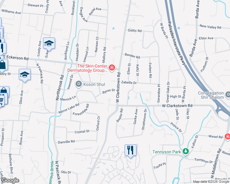 map of restaurants, bars, coffee shops, grocery stores, and more near 2 Byron Street in New City