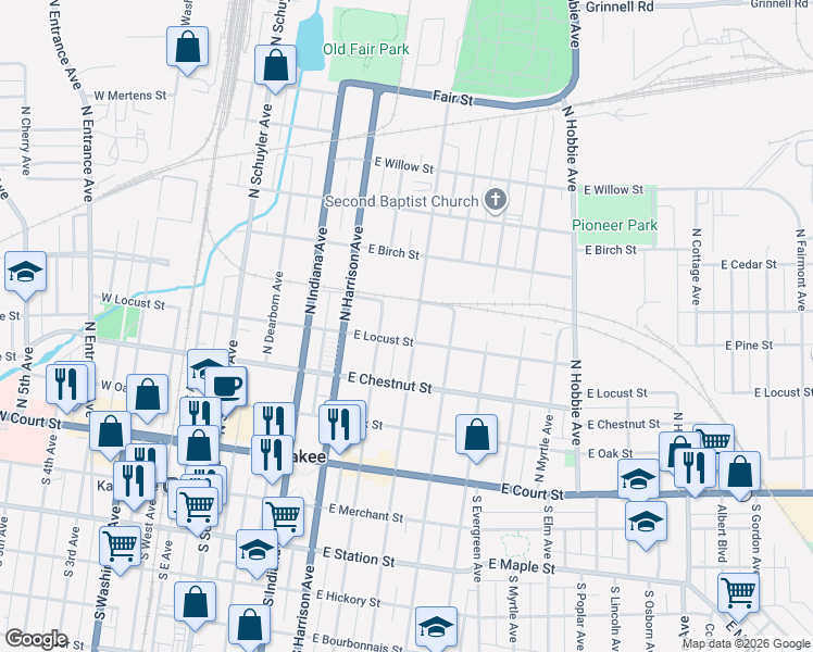 map of restaurants, bars, coffee shops, grocery stores, and more near 445 North Greenwood Avenue in Kankakee